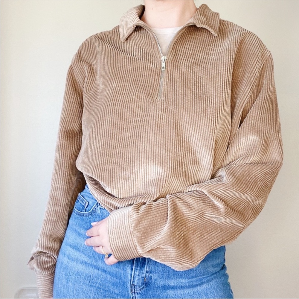 ASOS Tan Corduroy Long Sleeve Quarter Zip Pullover Top